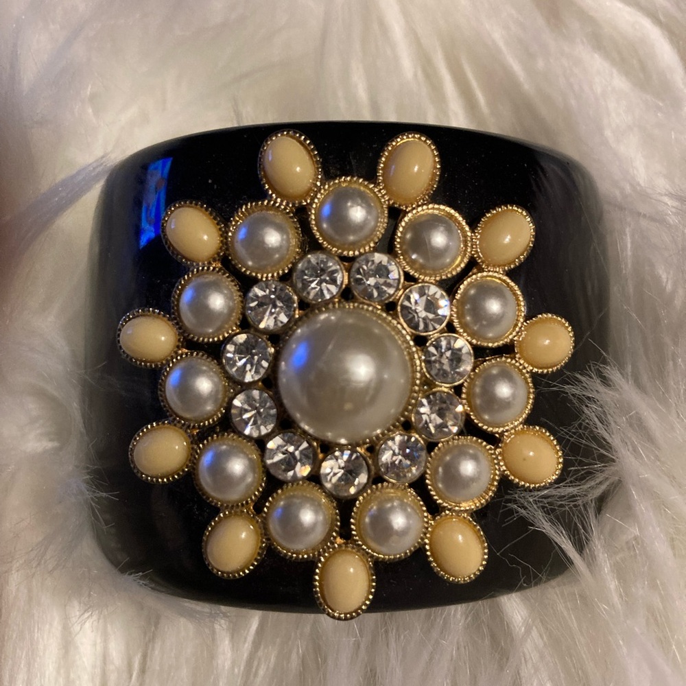Black Statement Cuff Bracelet with Pearl & Crystal Medallion